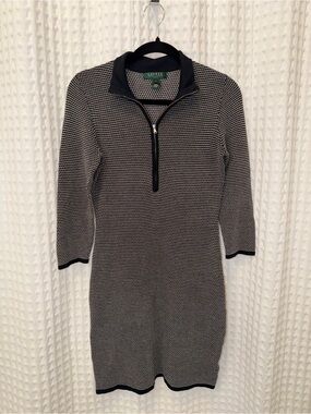 Lauren Ralph Lauren Black and White Zip Neck Knit Dress